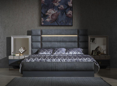 Bedroom Double bed Gray Suite Set 4-piece Modern Bed Bedside tables